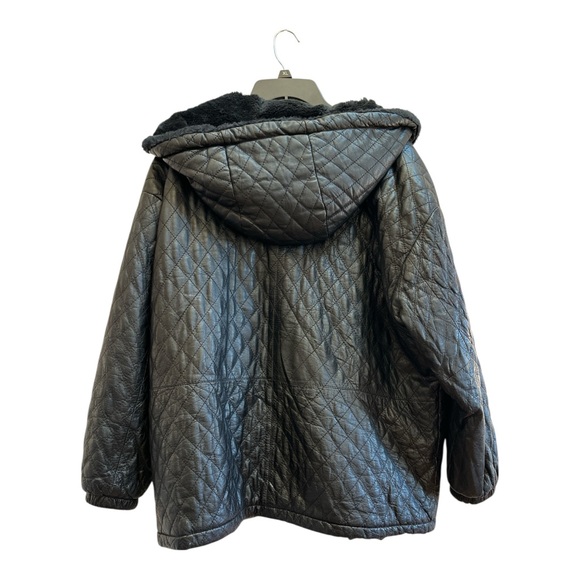 Vintage Quilted Genuine Leather Hooded Jacket Black Zip Front 90s - Picture 2 of 6